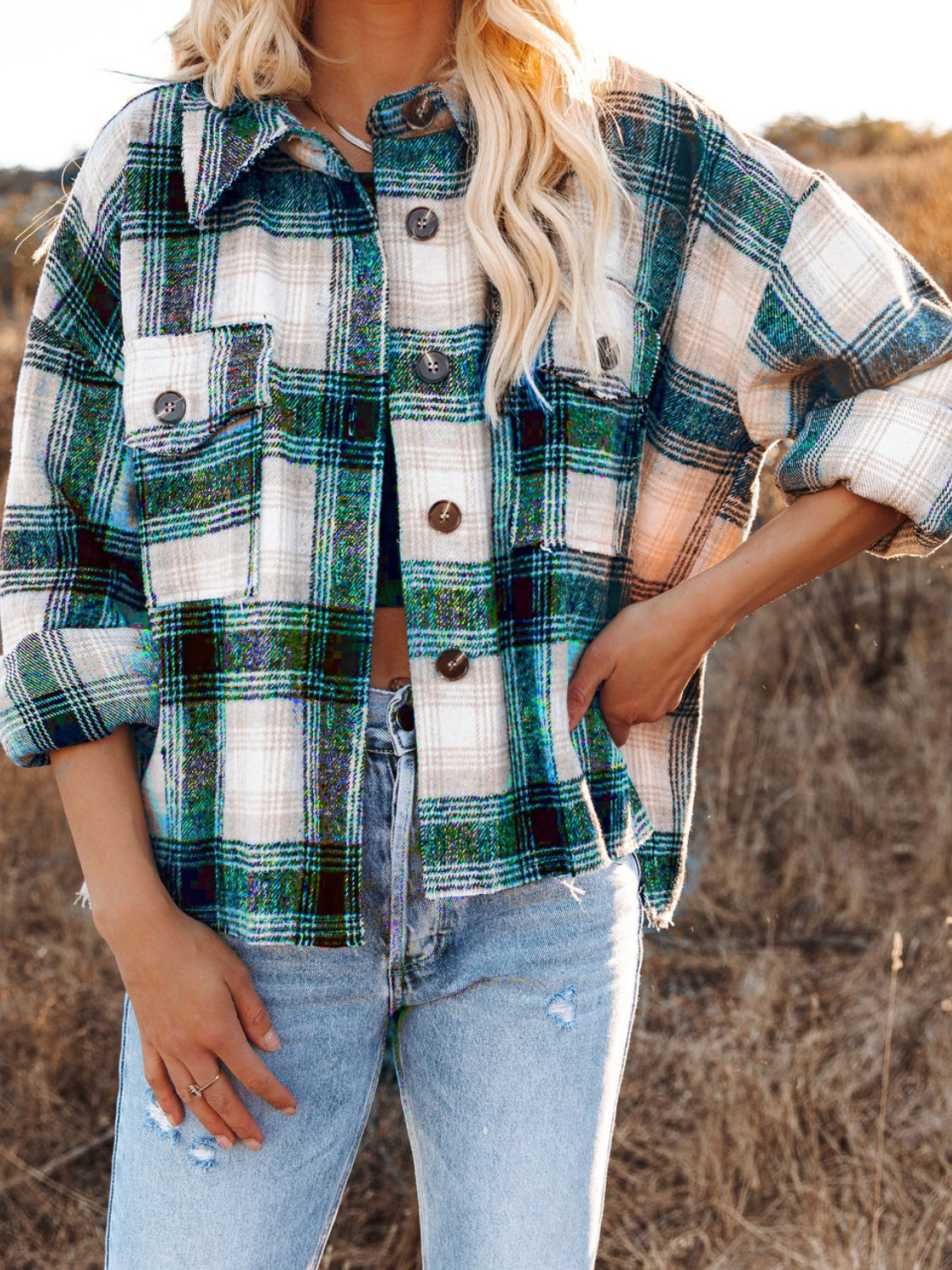 Pocketed Plaid Button Down Long Sleeve Shacket - Charming Charlie