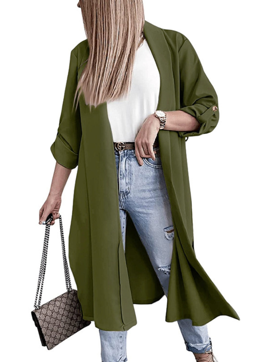 Slit Open Front Roll-Tab Sleeve Trench Coat – Charming Charlie