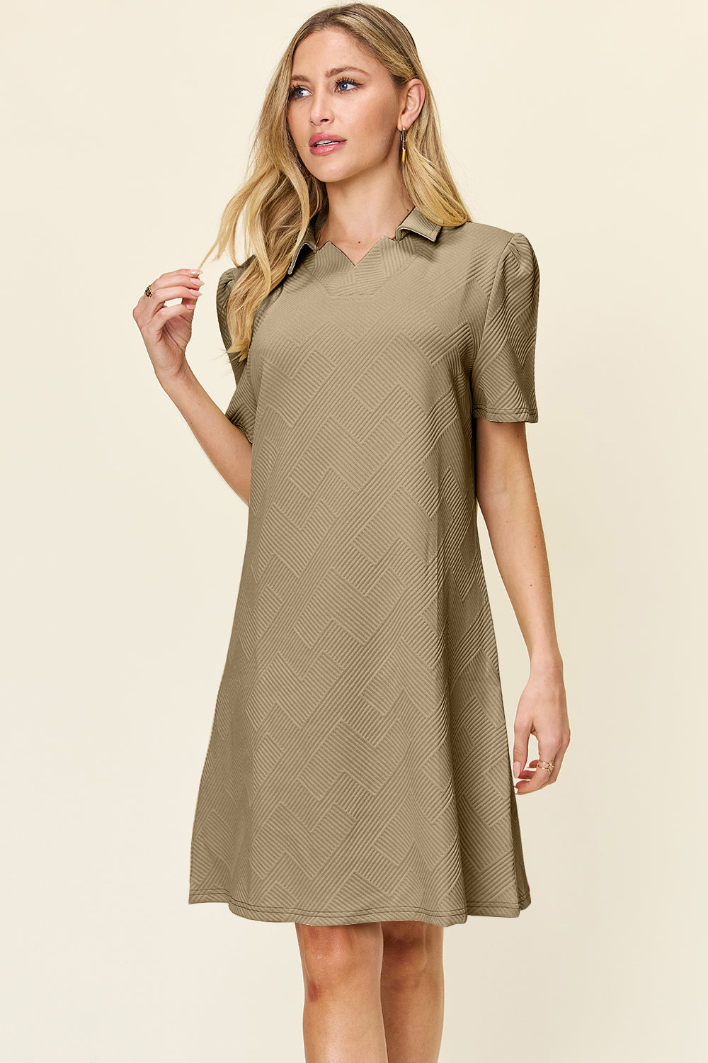 Double Take Full Size Texture Collared Neck Short Sleeve Dress - Charming Charlie