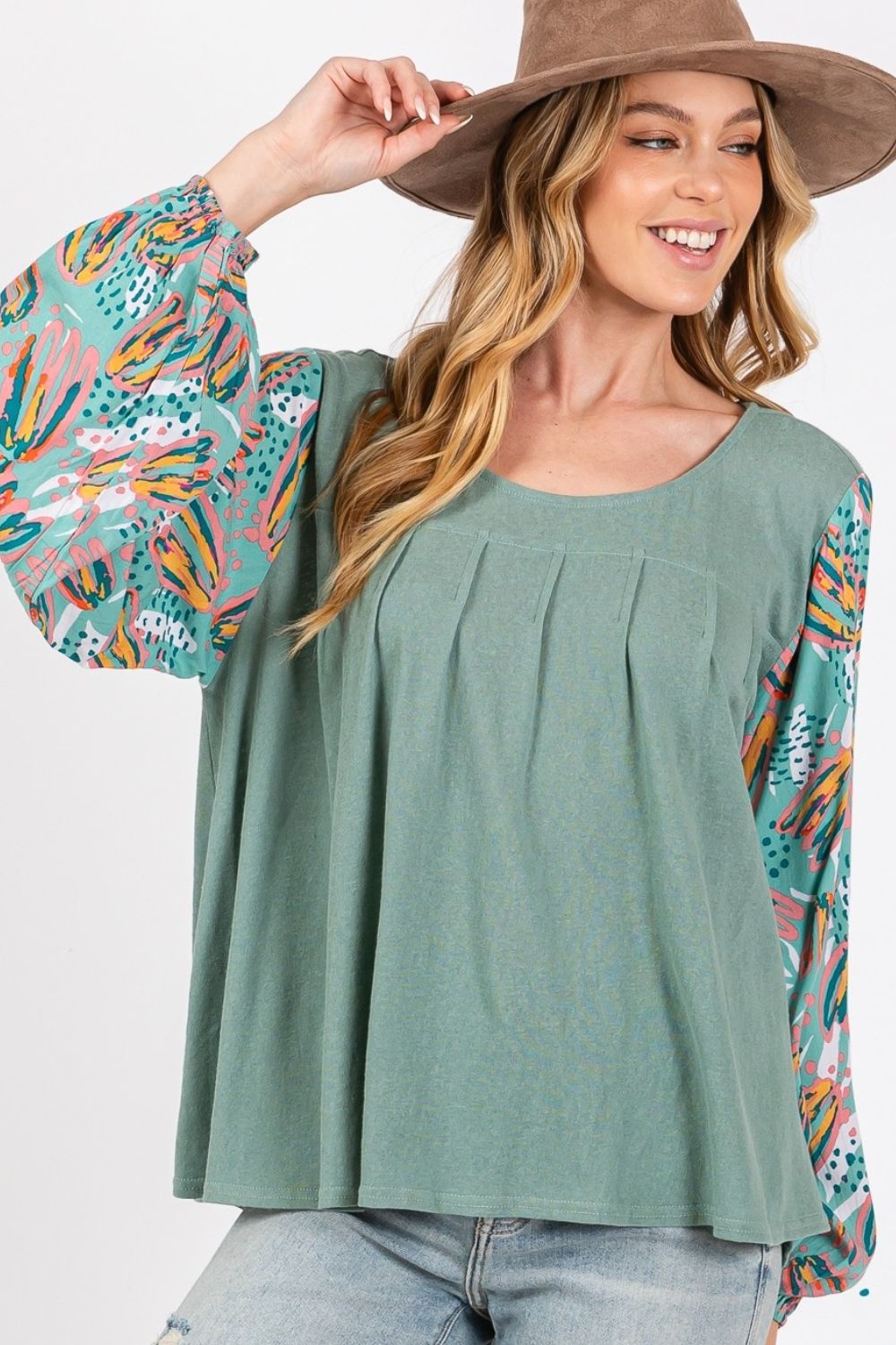 SAGE + FIG Ruched Round Neck Printed Bubble Sleeve Top - Charming Charlie