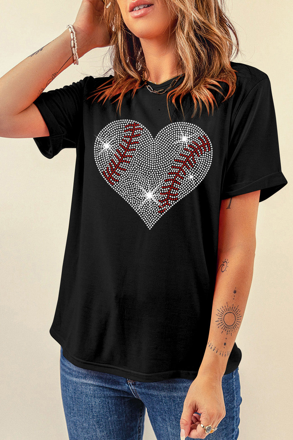 Rhinestone Heart Round Neck Short Sleeve T-Shirt - Charming Charlie