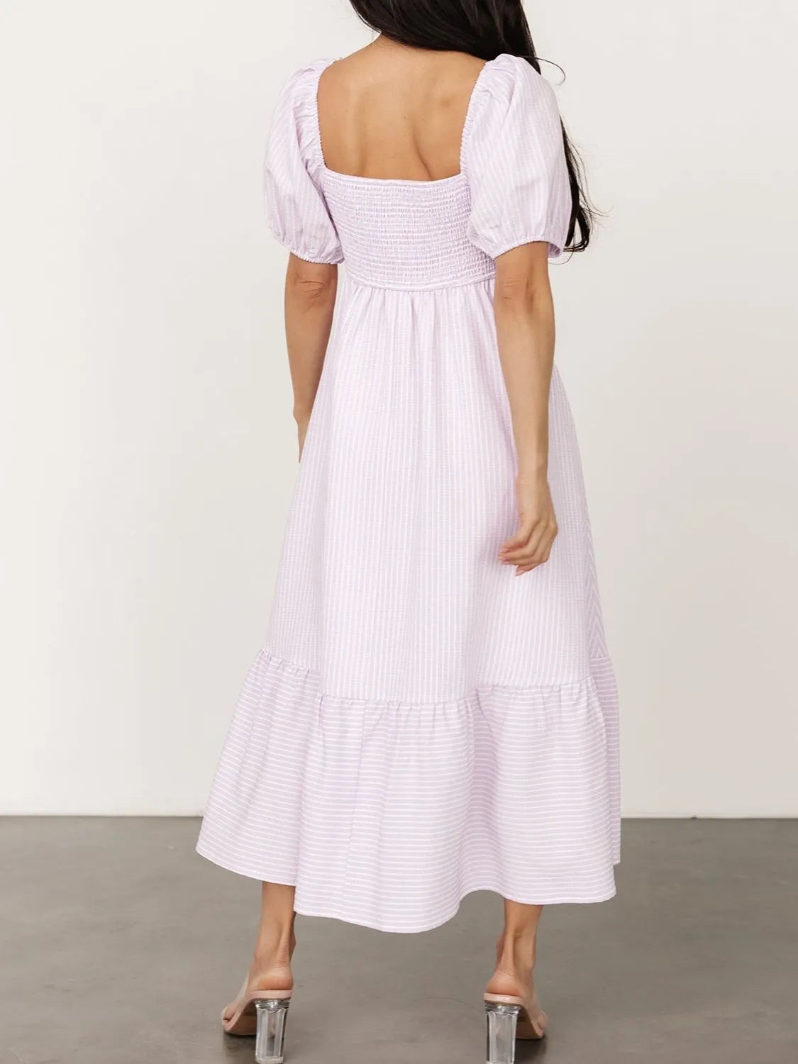 puff sleeve sweetheart midi dress Striped Sweetheart Neck Puff Sleeve Midi Dress Light Blue / XL