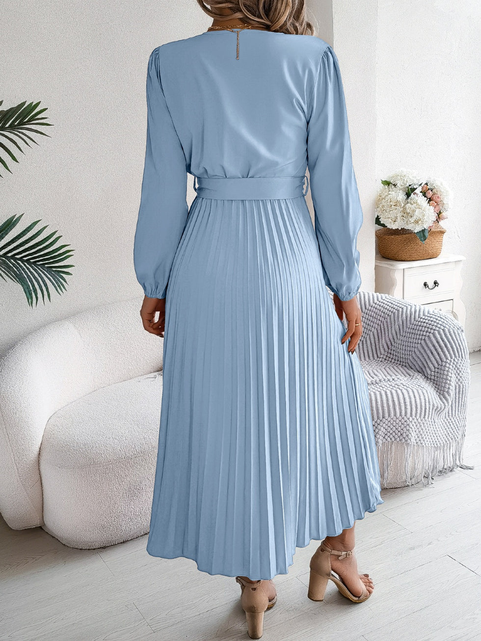 Pleated V-Neck Sleeveless Tie Dress