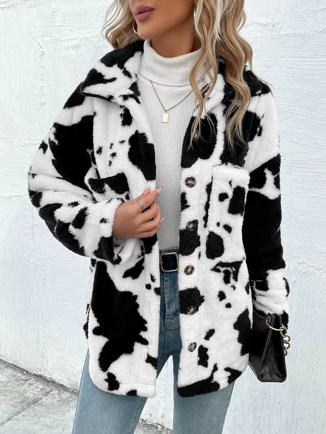 Cow Print Collared Neck Button Up Fuzzy Jacket – Charming Charlie