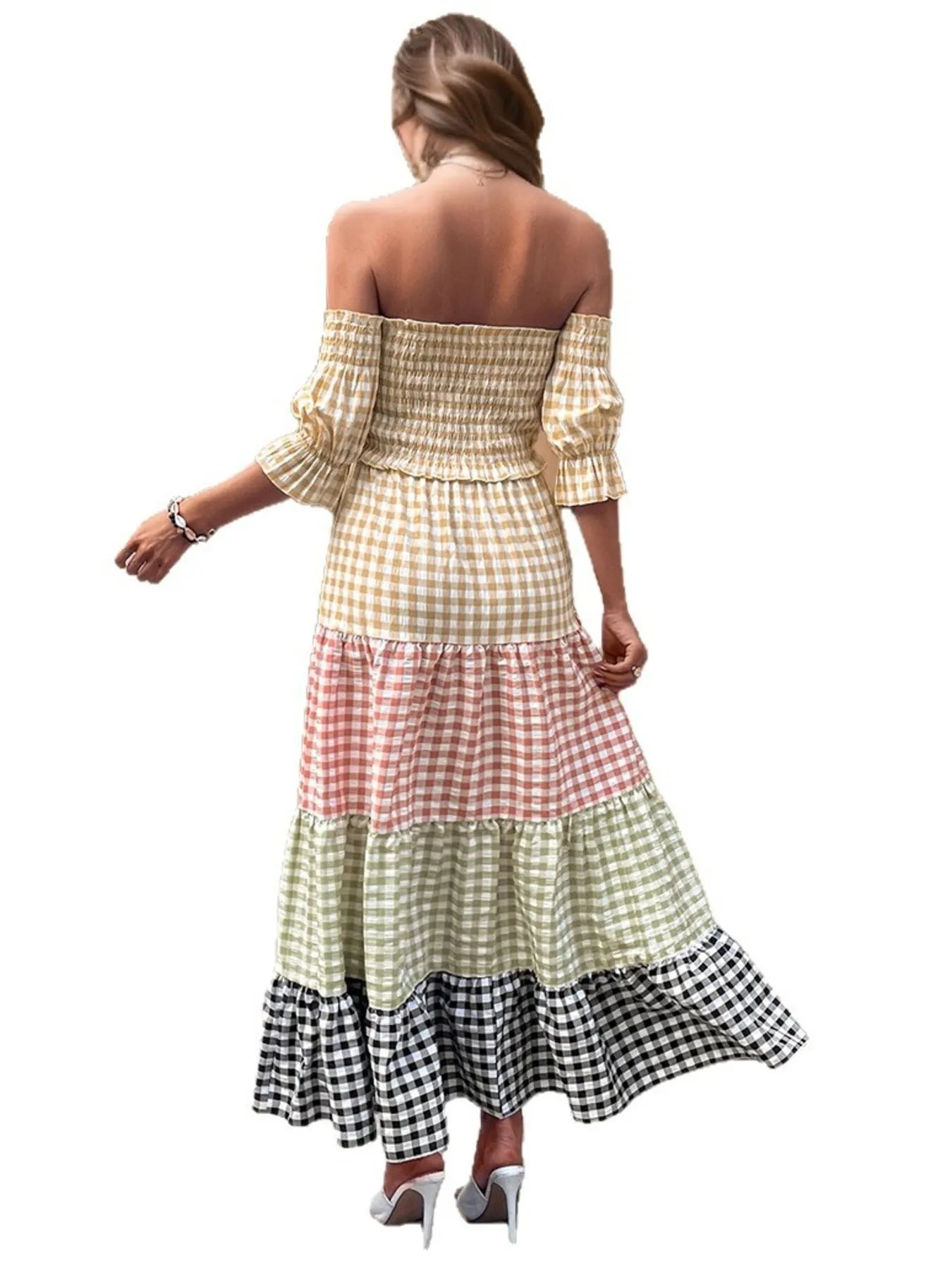 Color Block Plaid Off-Shoulder Maxi Dress – Charming Charlie