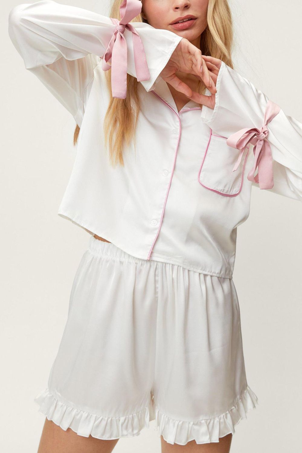 Basic Bae Tied Cuff Collared Neck Top and Frill Shorts Lounge Set - Charming Charlie