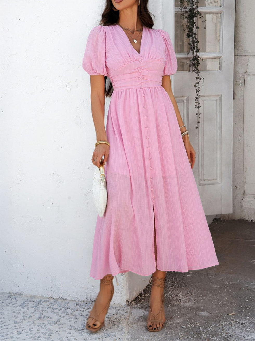 Devine Smocked Printed V-Neck Short Sleeve Maxi Dress main image 0