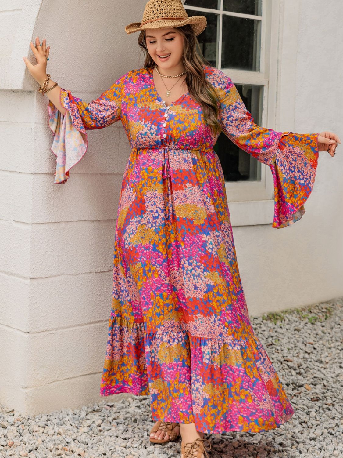 Plus Size Printed V Neck Long Sleeve Maxi Dress Charming Charlie