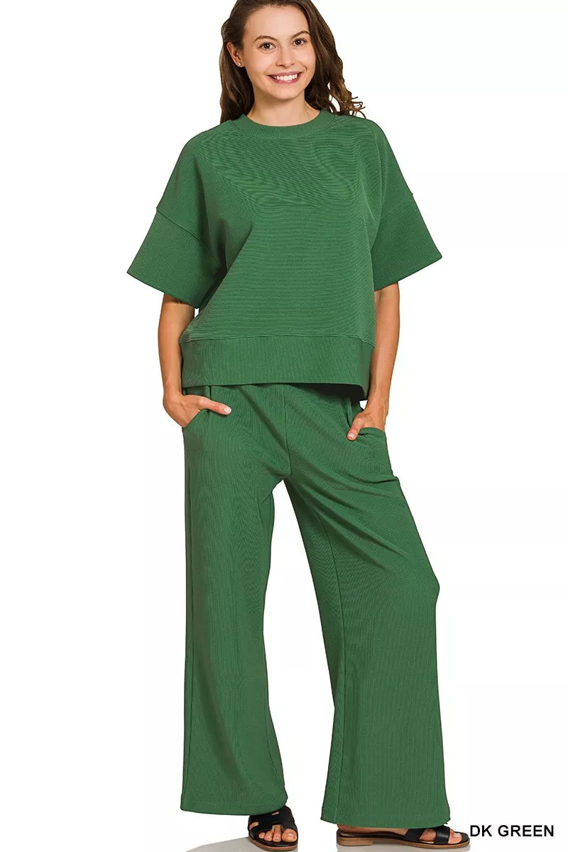 Zenana Ribbed Round Neck Tee & Pants Set – Charming Charlie