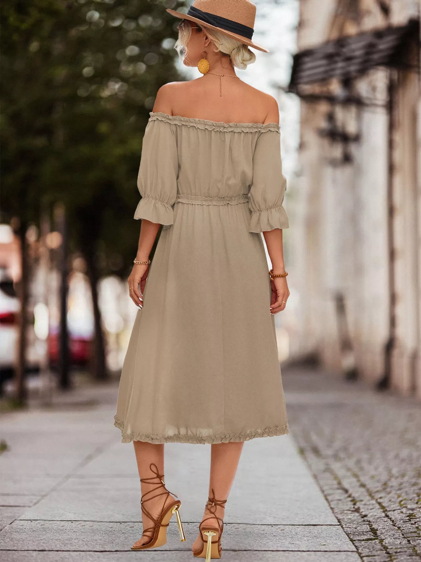 flounce dress off shoulder Off-Shoulder Flounce Sleeve Midi Dress Khaki / M