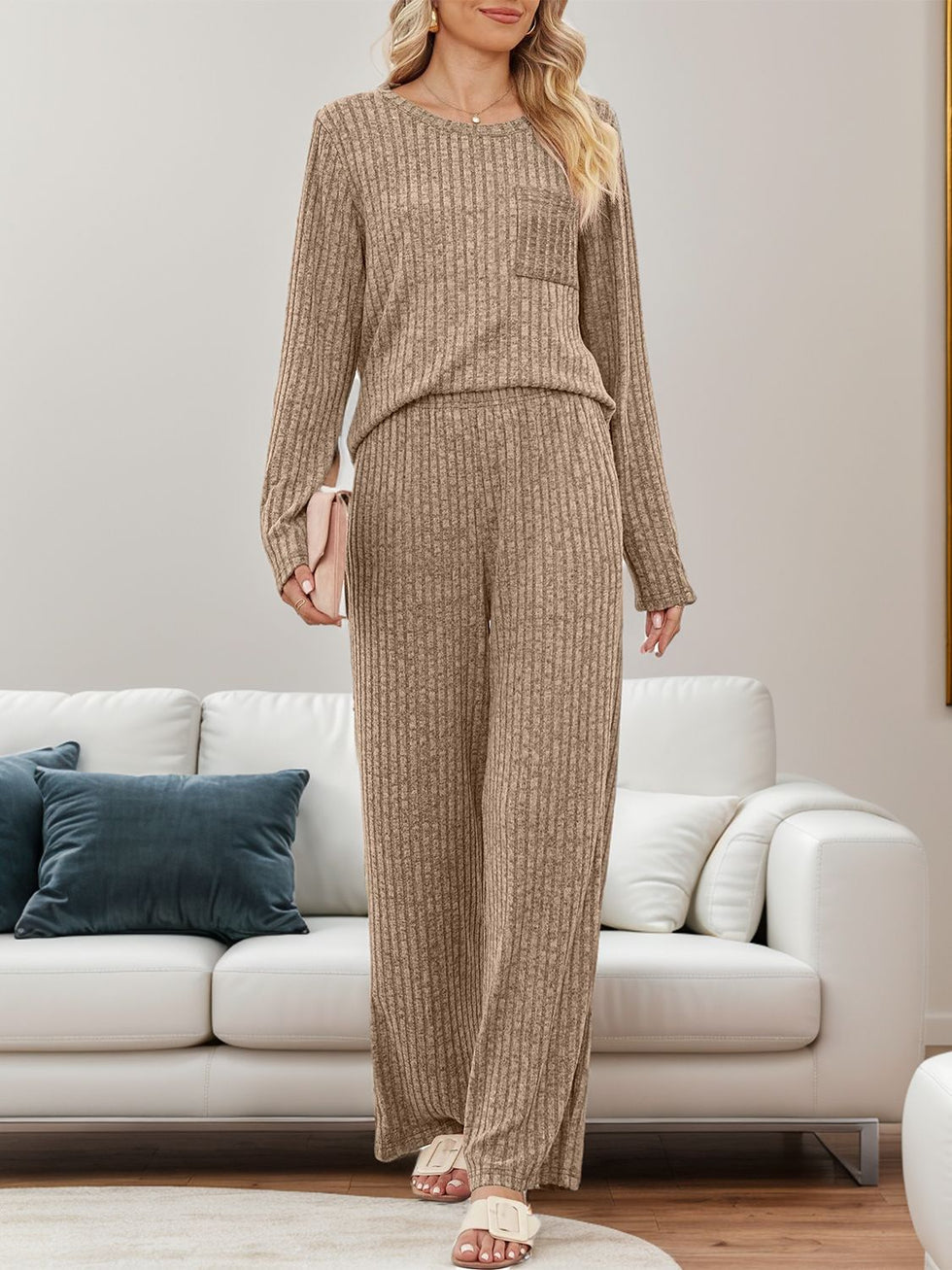 Round Neck Short Sleeve Top and Pants Set main image 0