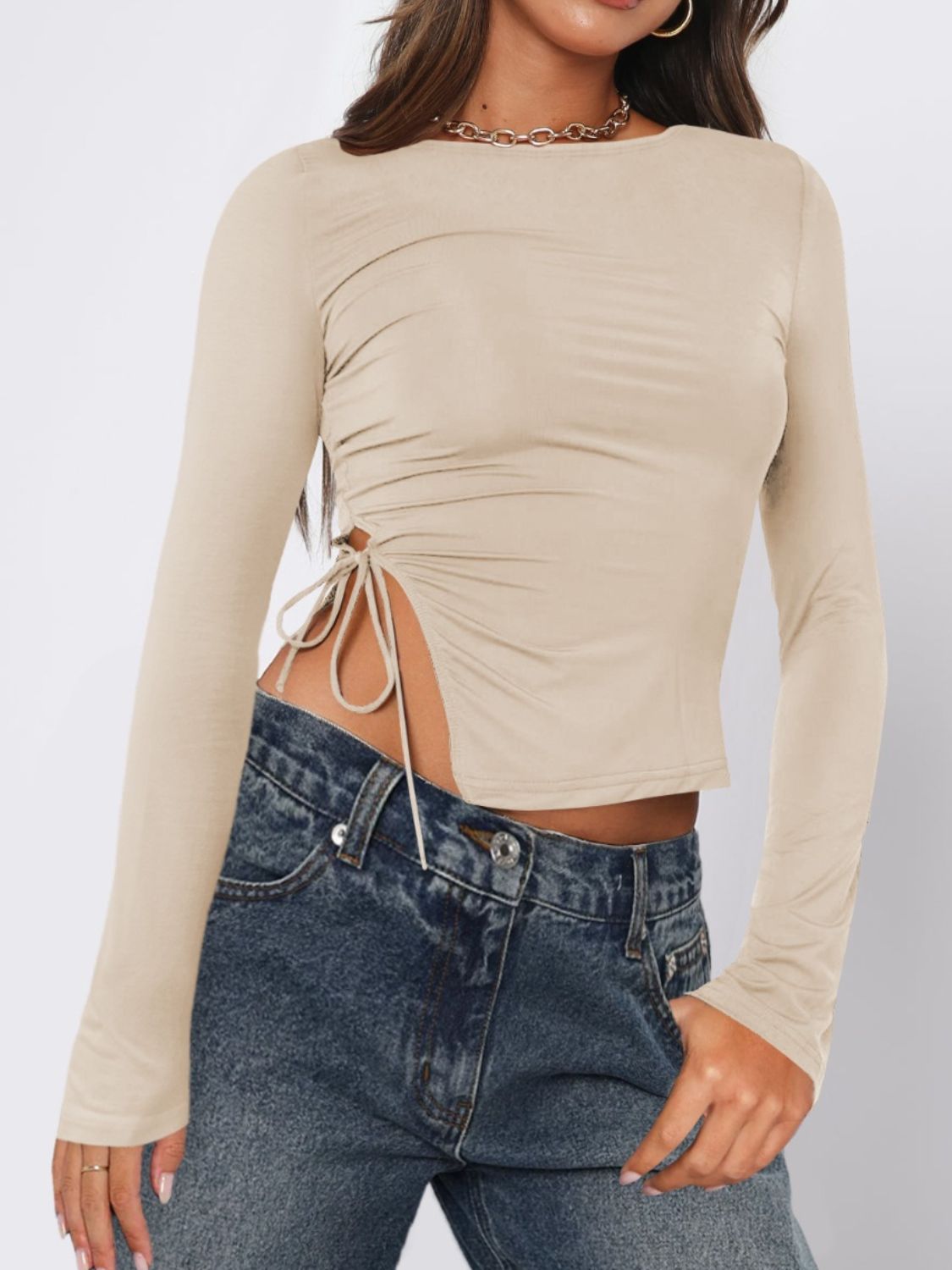 Tied Slit Round Neck Long Sleeve T-Shirt - Charming Charlie