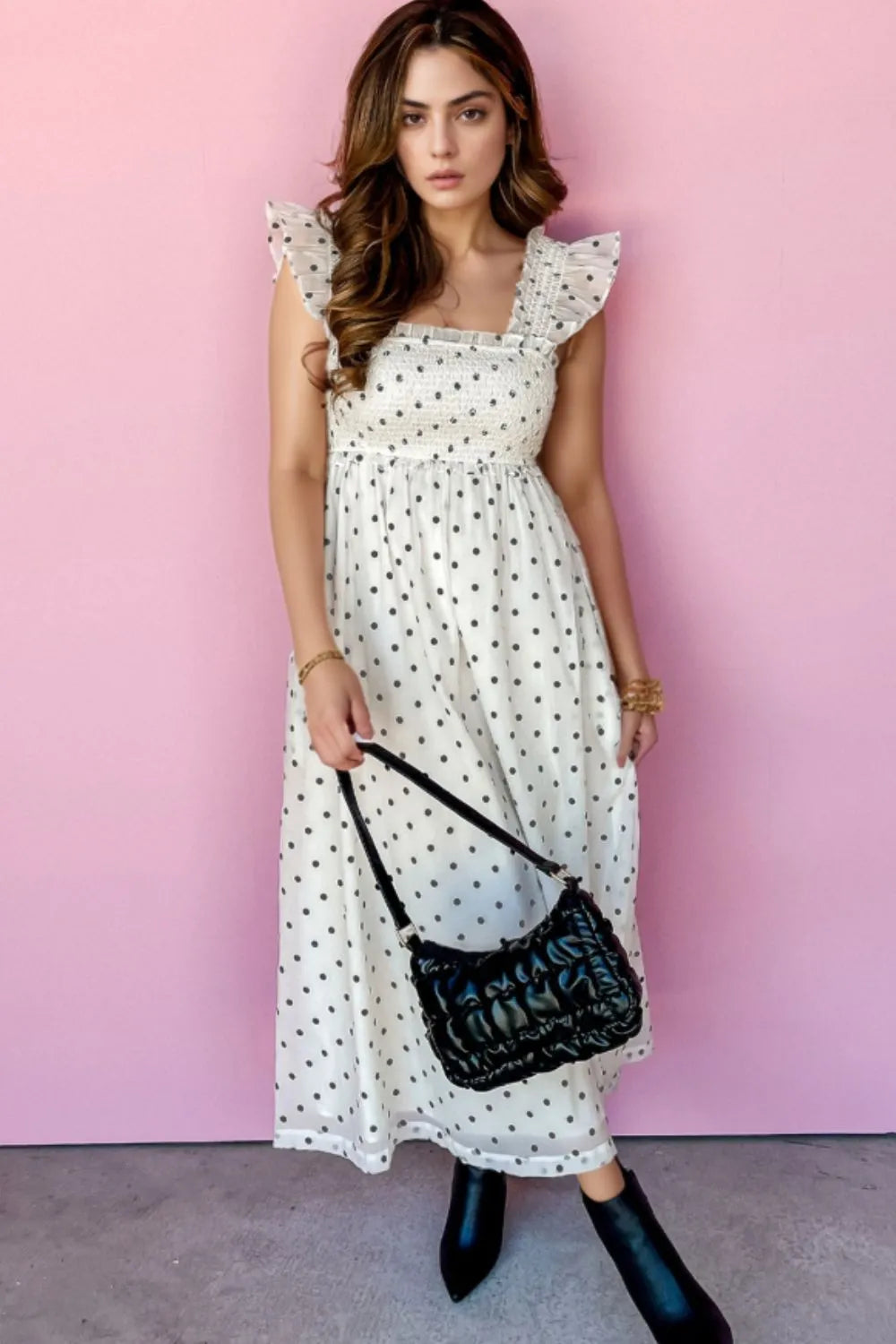 Polka Dot Ruffle Sleeve Smocked Midi Dress White / M Polka Dot Ruffle Sleeve Smocked Midi Dress White / M