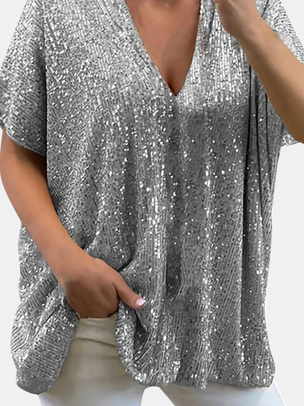 V-Neck Sequin Cap Sleeve Top