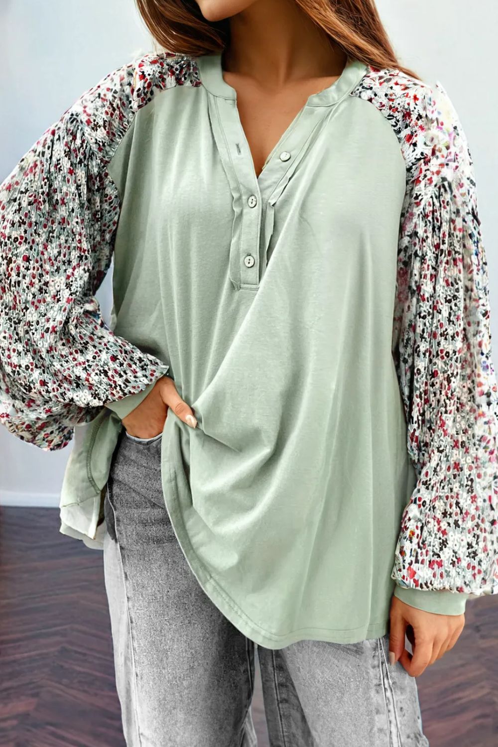 Printed Notched Long Sleeve Blouse - Charming Charlie