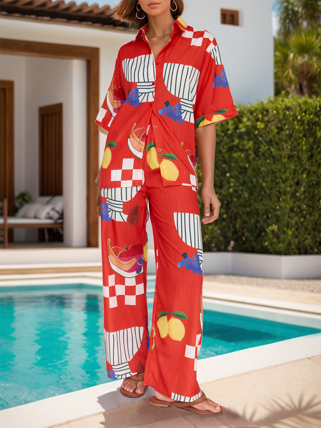 Printed Dropped Shoulder Top and Wide Leg Pants Set - Charming Charlie