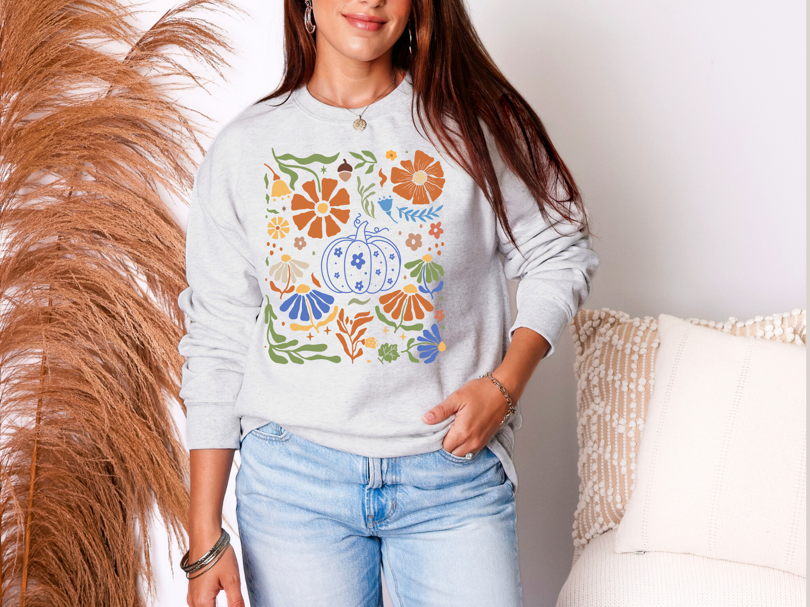 Blue Floral Pumpkin Sweatshirt in Two Colors - Charming Charlie
