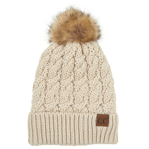 C.C Cable Ribbed Beanie Natural Plush Faux Fur Pom Pom Hat - Beige - Beanies