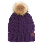 C.C Cable Ribbed Beanie Natural Plush Faux Fur Pom Pom Hat - Dark Purple - Beanies