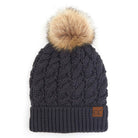 C.C Cable Ribbed Beanie Natural Plush Faux Fur Pom Pom Hat - DarkGray - Beanies