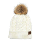 C.C Cable Ribbed Beanie Natural Plush Faux Fur Pom Pom Hat - Ivory - Beanies