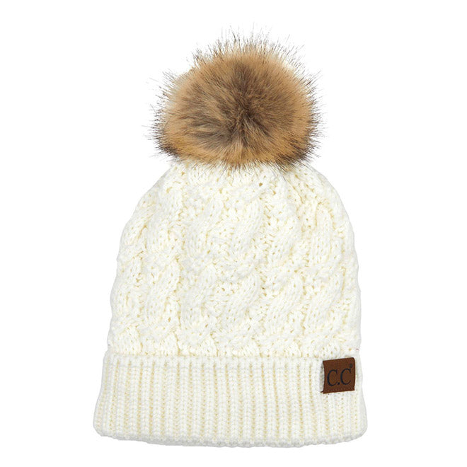 C.C Cable Ribbed Beanie Natural Plush Faux Fur Pom Pom Hat - Ivory - Beanies