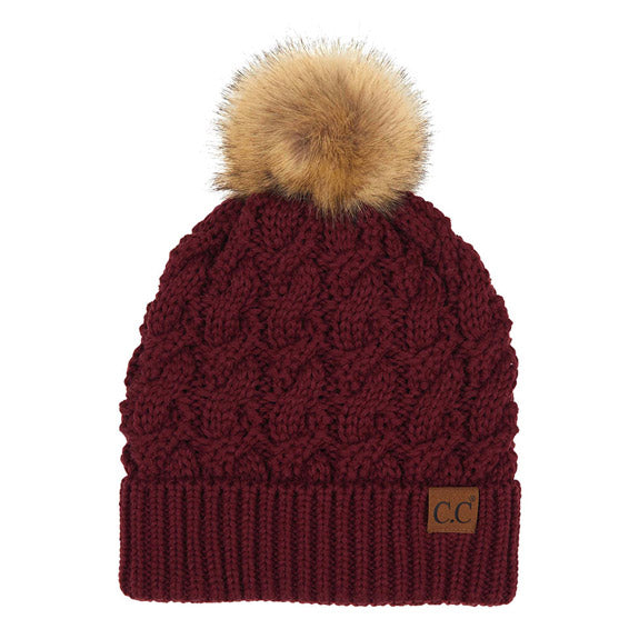 C.C Cable Ribbed Beanie Natural Plush Faux Fur Pom Pom Hat - Maroon - Beanies
