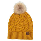 C.C Cable Ribbed Beanie Natural Plush Faux Fur Pom Pom Hat - Mustard - Beanies
