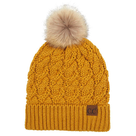 C.C Cable Ribbed Beanie Natural Plush Faux Fur Pom Pom Hat - Mustard - Beanies
