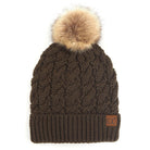 C.C Cable Ribbed Beanie Natural Plush Faux Fur Pom Pom Hat - Olive - Beanies