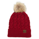 C.C Cable Ribbed Beanie Natural Plush Faux Fur Pom Pom Hat - Red - Beanies