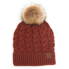 C.C Cable Ribbed Beanie Natural Plush Faux Fur Pom Pom Hat - Rust - Beanies