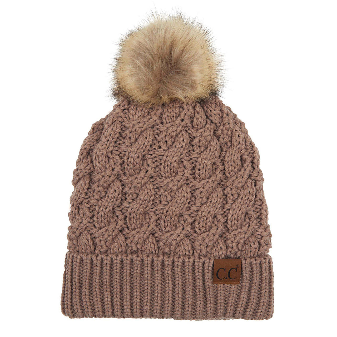 C.C Cable Ribbed Beanie Natural Plush Faux Fur Pom Pom Hat - Taupe - Beanies