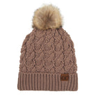 C.C Cable Ribbed Beanie Natural Plush Faux Fur Pom Pom Hat - Taupe - Beanies
