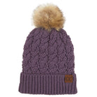C.C Cable Ribbed Beanie Natural Plush Faux Fur Pom Pom Hat - Violet - Beanies