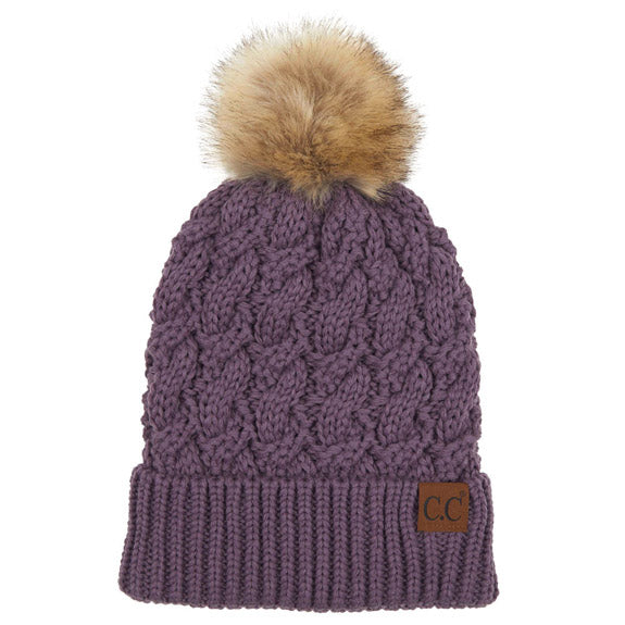 C.C Cable Ribbed Beanie Natural Plush Faux Fur Pom Pom Hat - Violet - Beanies