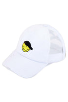 White C.C Glitter Smiley Patch Kids Pony Cap combines playful style with practical design. Featuring a sparkling glitter smiley patch, it adds a fun, cheerful touch to any outfit. The ponytail-friendly opening ensures comfort and convenience for active kids, making it ideal for everyday wear or outdoor activities. Crafted for durability and a secure fit, this cap keeps young wearers cool and stylish all day long.