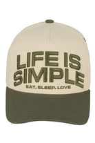 Olive C.C LIFE IS SIMPLE EAT, SLEEP, LOVE Trucker Cap combines practical design with a meaningful message. Crafted with breathable mesh and an adjustable snapback closure, it ensures comfort and a customizable fit. This cap is perfect for those who appreciate simplicity and want to showcase a lifestyle centered on essential joys‚Äîeating well, resting, and loving fully‚Äîwhile maintaining a stylish, casual look.