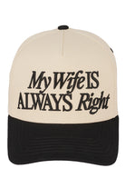 Black C.C MY WIFE IS ALWAYS RIGHT Two Tone Trucker Cap combines casual style with a playful message. Featuring a classic two-tone design and breathable mesh back, this cap offers comfort and ventilation for everyday wear. Its adjustable snapback ensures a secure fit, making it ideal for outdoor activities or casual outings. Perfect for those who appreciate humor and quality in their headwear.