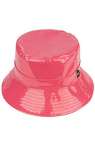Hot PInk C.C Brand Shiny Solid Color Reflective Enamel Detailed Rain Bucket Hat; this rain hat is snug on the head and works well to keep rain off the head, out of eyes, and also the back of the neck. Wear it to lend a modern liveliness above a raincoat on trans-seasonal days in the city. Perfect Gift for fashion-forward friend