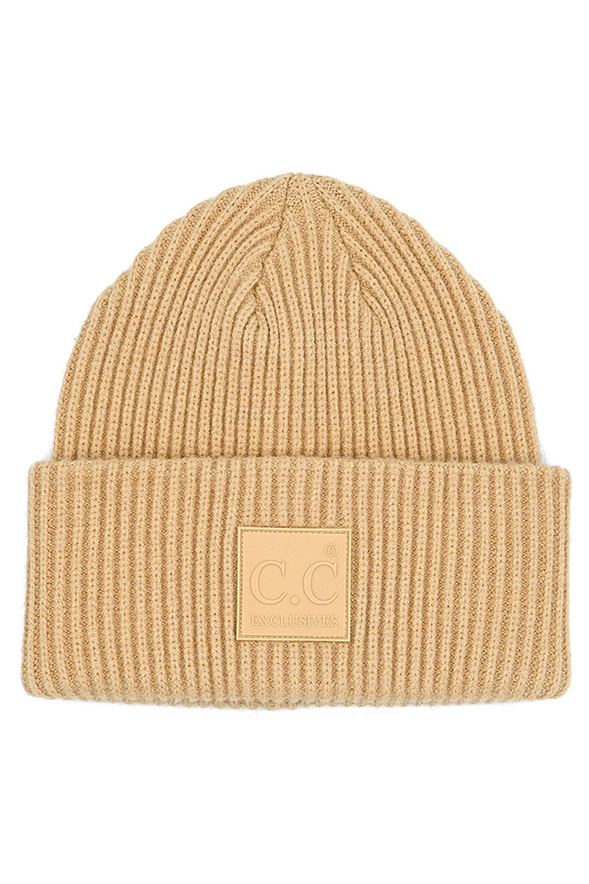 C.C Solid Ribbed Knit Detailed Beanie With Rubber Patch Hat - Beige - Beanies
