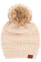 C.C Tilted Whip Stitch Slouch Beanie Faux Fur Pom Pom Hat - Beige - Beanies