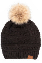 C.C Tilted Whip Stitch Slouch Beanie Faux Fur Pom Pom Hat - Black - Beanies