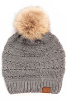 C.C Tilted Whip Stitch Slouch Beanie Faux Fur Pom Pom Hat - Light Melange Grey - Beanies