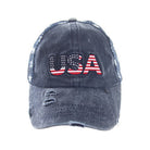 Navy C.C USA Distressed Baseball Cap American Star Sun Cap; Show your patriotic side, distressed navy baseball cap with USA lettering on the front in a stars and striped pattern, with star mesh on the back. Perfect to keep sun out of eyes, and to pull hair back during exercise like walking, running, biking, hiking, and more