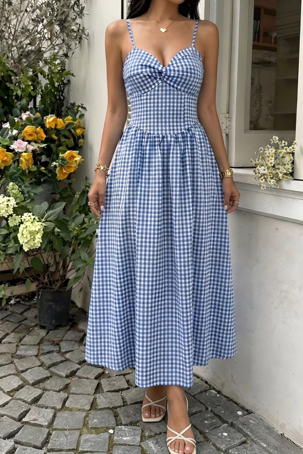 Gingham Knot Front Cami Midi Dress Dusty Blue / S