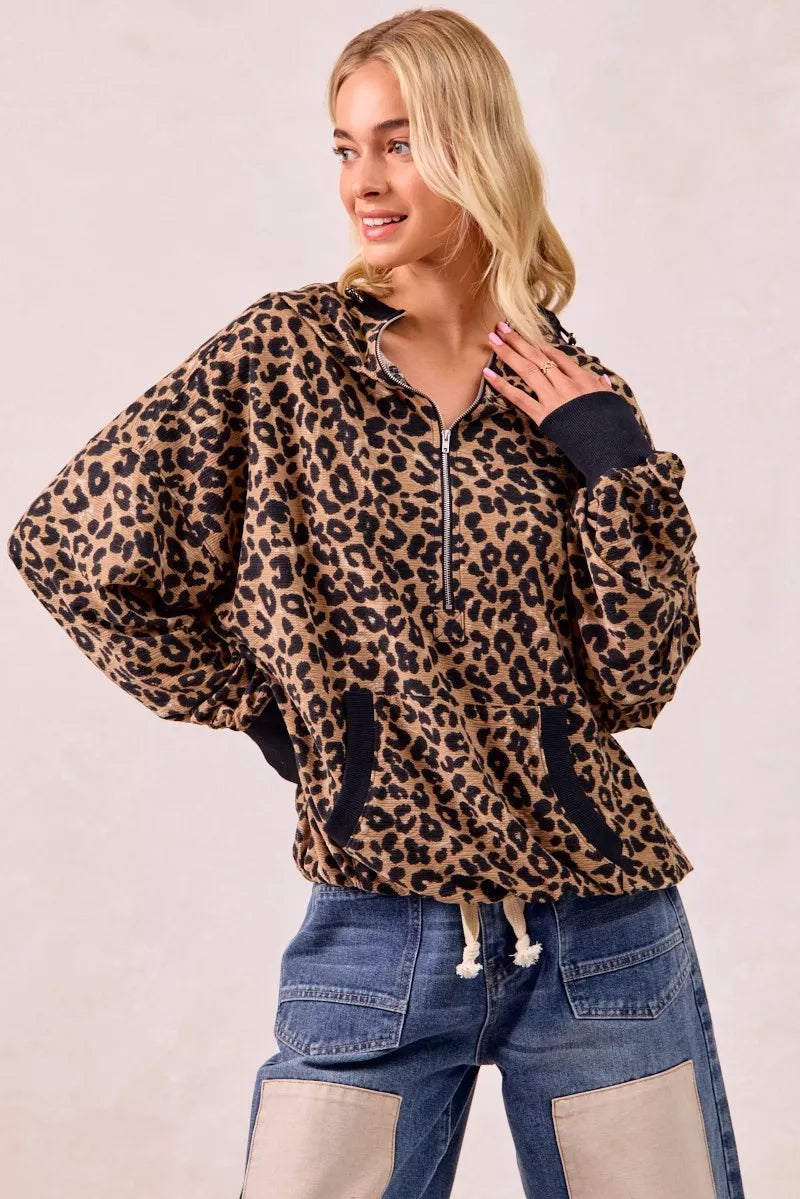 BiBi Leopard Print Waffle Half Zip Up Hoodie W Pocket – Charming