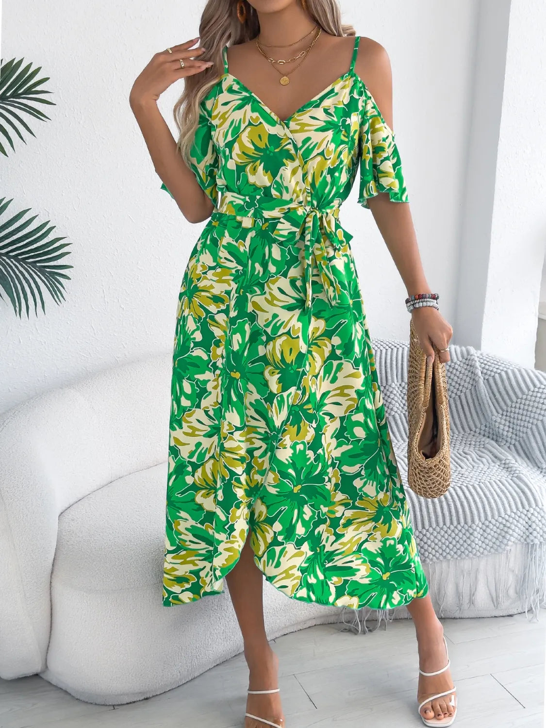 Printed Cold Shoulder Midi Cami Dress Black / S Printed Cold Shoulder Midi Cami Dress Black / S