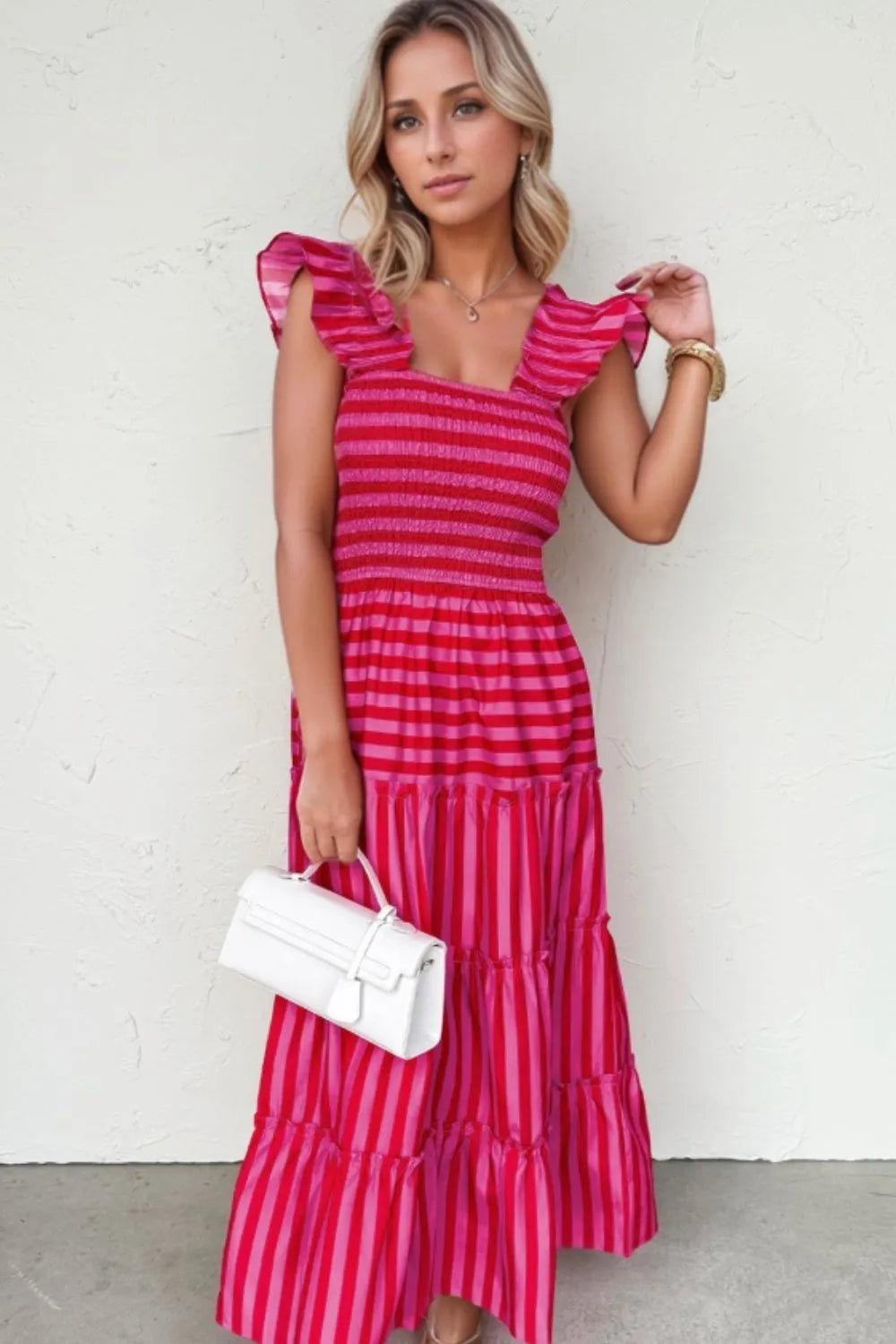 Stripe Flutter Sleeve Smocked Bodice Tiered Maxi Dress Deep Rose / XL