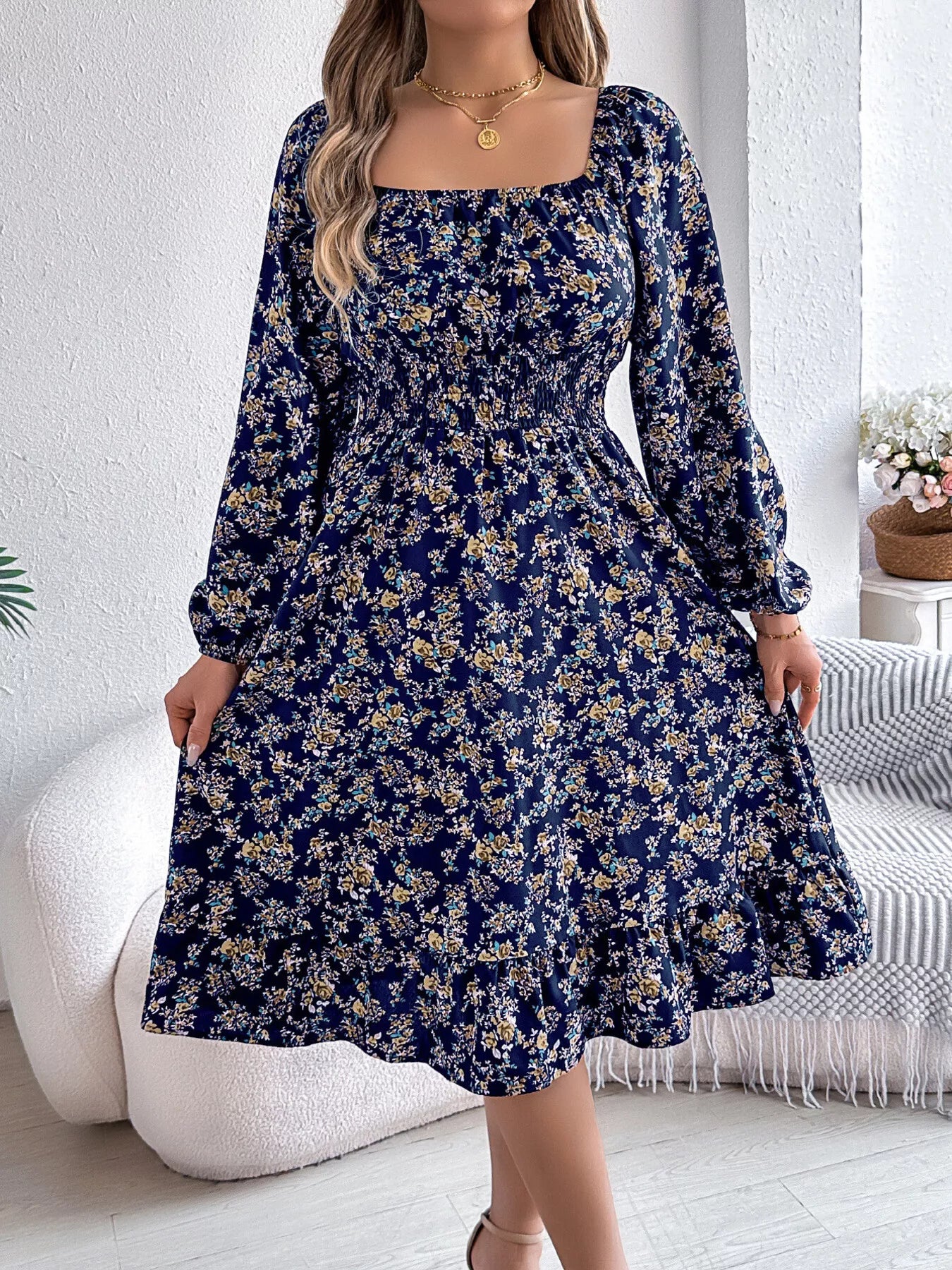 knee length dresses for ladies Blue Floral Long Sleeve Maternity Midi Dress – PinkBlush